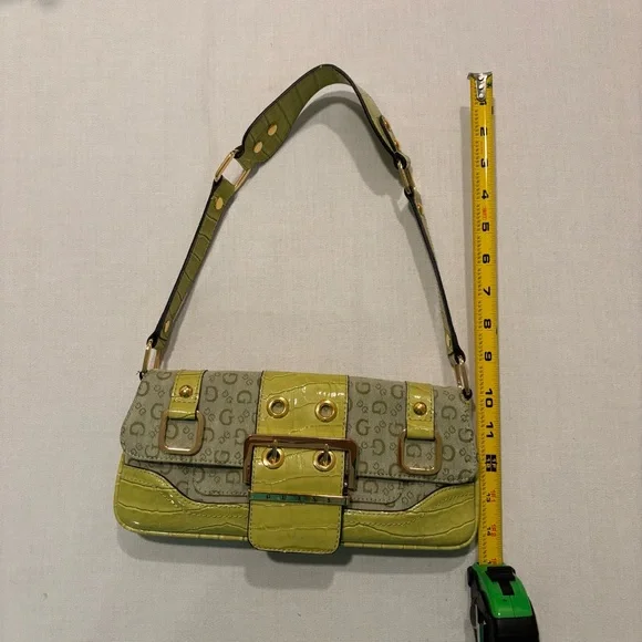 Vintage GUESS Y2K Green Shoulder Bag Monogram Brass Buckle Purse Croc Pattern - Picture 7 of 16